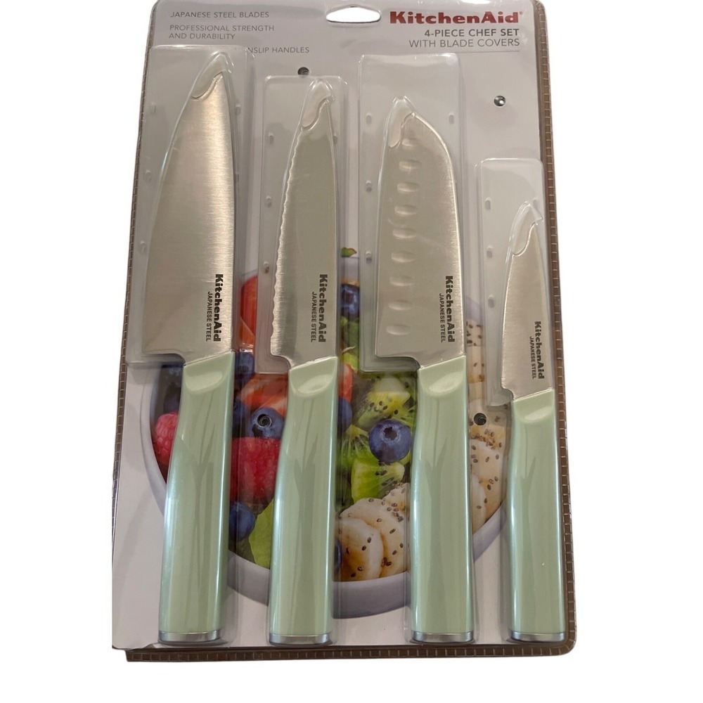 KitchenAid pistachio 4 Pc. Chef Knife Set With Blade Covers Steel NEW With Tags